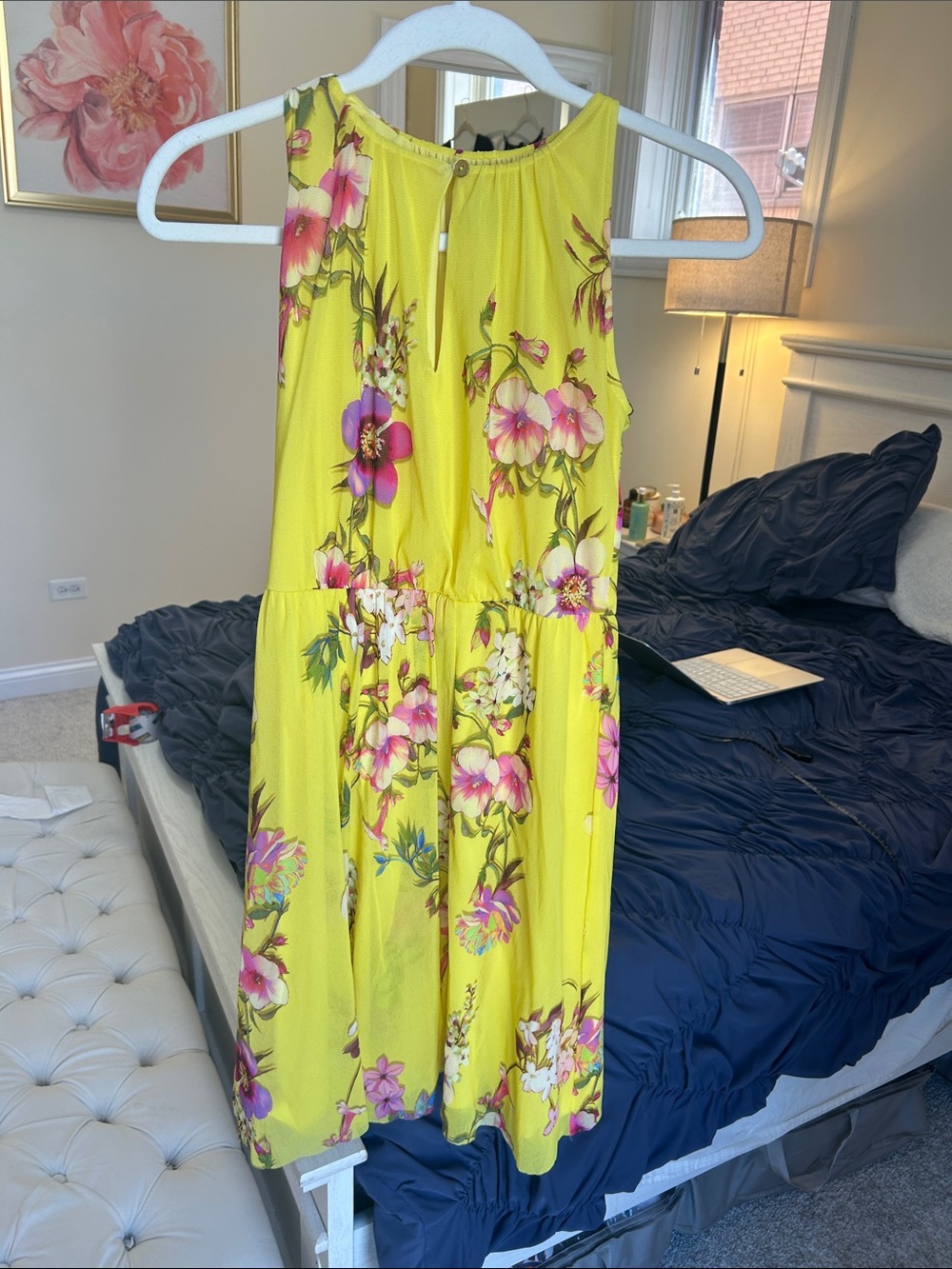 Fuzzi Ikram yellow floral sleeveless button mesh cinch waist dress size  S